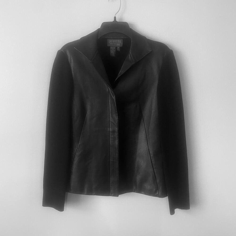 Lafayette 148 New York Leather Merino Wool Mix Black Jacket‎ Size 6
